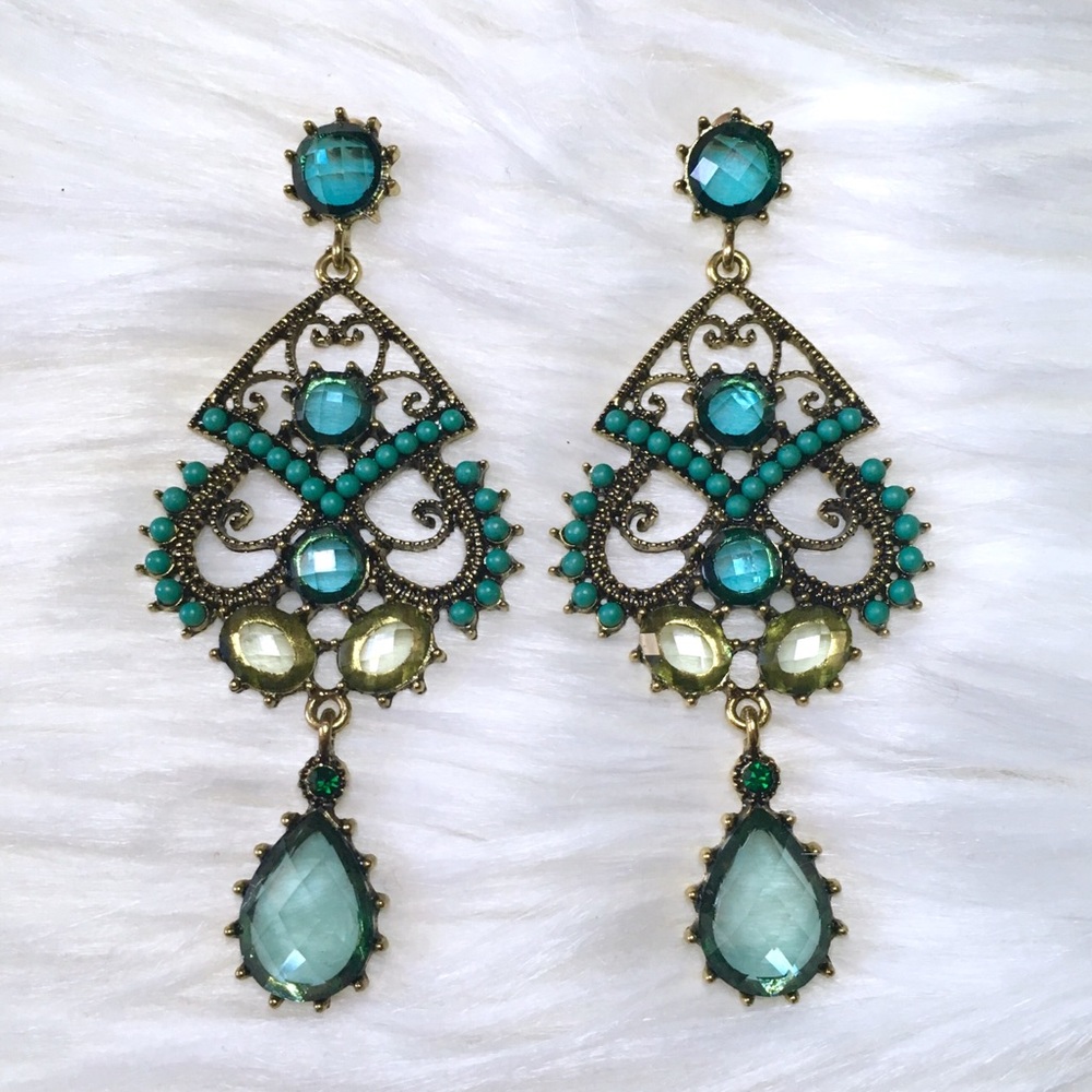 Chandelier Drop Gemstone Ornate Statement Earrings